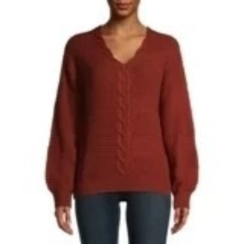 No Boundaries Women's XL Rust Cable Knit Sweater With V-Neck Crisscross Detail